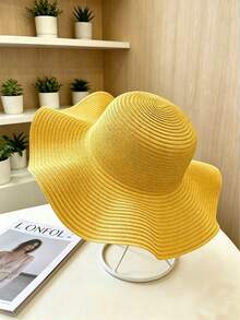 Women's Ruffle Wavy Wide Brim Straw Sun Hat, Foldable Soft Brim Beach Hat, UV Protection Vacation Outdoor Hat - Multicolor - View 7
