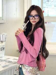 Half-Open Collar Solid Color Button Long Sleeve T-Shirt Early Autumn Design Women's Top - Hot Pink - View 6