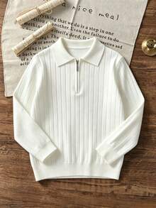Boys Quarter Zip Ribbed Knit Polo Shirt, Long Sleeve Collared Sweater, Casual Solid Color Fall Winter Kids Tops - White - View 3