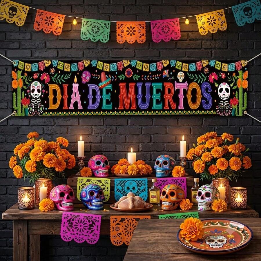 1 Piece, Mexican Day Of The Dead Courtyard Banner, Polyester Material, Skull Cactus Pattern, Suitable For Indoor And Outdoor Garden Porch Lawn Decoration Door Flag, Various Styles To Choose From. - Multicolor - View 1