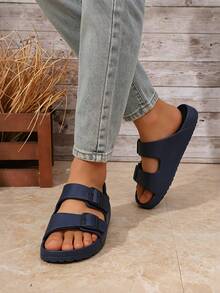 Men's Couple Minimalist Solid Color EVA One-Piece Molded Lightweight Double-Strap Comfortable Flat Bottom Buckle Breathable Slide Sandals, Plus Size For Home, Outdoor, Beach - Blue - View 3