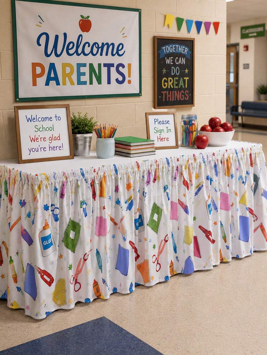 1pc Back To School Classroom Table Skirt, Colorful Crayon Scissors Glue Notebook Star Stationery Print Pleated Tablecloth, Hook And Loop Wrinkle-Resistant Washable, Teacher Desk Handmade Market Education School Event Display Table Decor - Multicolor - View 1