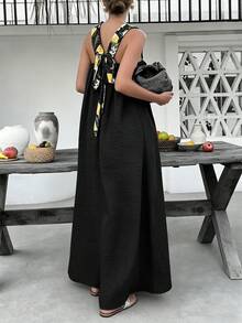 Plus Size Women's Spring/Summer Lemon Print Contrast Color Shoulder Strap Backless Casual Vacation Dress - Black - View 7