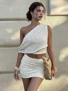 Women's Sexy Asymmetric Neckline Ruched 2 Pieces Set, White Semi-Sheer Crochet Crop Top And Mini Skirt, Suitable For Summer Party - Apricot - View 6
