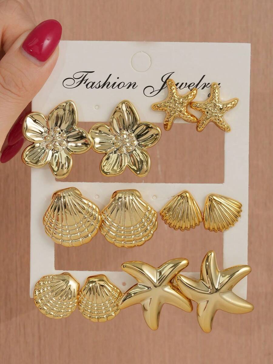 6 Pairs CCB Gold Ocean Style Earrings Set, Including Flower, Starfish, Shell Designs, Lightweight Stackable Jewelry, Suitable For Women's Beach Outfits, Daily Wear, Parties And Holiday Gifts - Gold - View 1