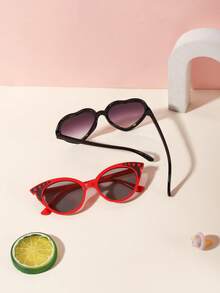 1 Set 2pcs Unisex Kids 3-8 Years Old, Mixed Color Glitter Cat Eye & Solid Color Heart Shape, Plastic Material, Dual-Tone Gradient Lens Glasses, Spring Travel Party Style - Multicolor - View 9