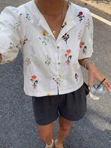 女款休閒時尚夏季法式立領彩色鈕扣短版上衣，度假白色 - 白色 - 查看 1