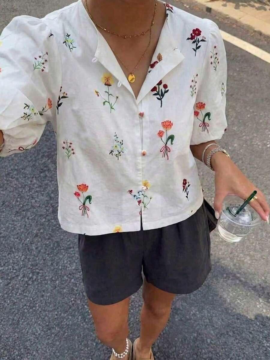女款休閒時尚夏季法式立領彩色鈕扣短版上衣,度假白色 - 白色 - 查看 1