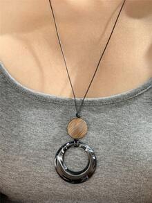 1pc Vintage Black Leather Cord Long Round Pendant Necklace, Suitable For Women's Daily Wear, Minimalist Style - Black Geometric Long Necklace - View 4