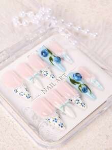 10 piezas de uñas postizas largas y reutilizables, estilo francés en rosa nude soñador y azul claro, con decoración 3D de arándano, encaje, perla, lazo y cuadros, manicura dulce y fresca de verano, adecuadas para uso diario, citas, fiestas y viajes, exquisito regalo de uñas para mujeres y niñas, uñas postizas hechas a mano - Celeste - Ver 8