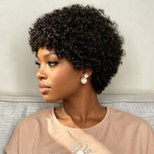 Women's Daily Wear Natural Black Short Afro Curly Human Hair Full Machine Woven Wig - Natural Black - View 3
