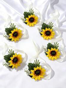1 pieza/6 piezas Girasol amarillo con follaje artificial estilo Mori elegante corsage de muñeca, adecuado para novia, dama de honor, decoración de boda, banquete, fiesta, graduación universitaria, eventos de regreso a la escuela - Multicolor - Ver 4