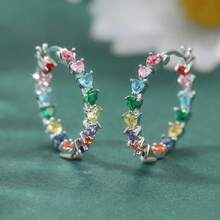 Waterproof Sparkling Colorful Heart-Shaped Cubic Zirconia Gold & Silver Dual-Tone Hoop Earrings, Luxury Vibe Women's Jewelry, Suitable For Evening Gala, Cocktail Party, Birthday Gathering, Daily Street Wear, Nightclub Look, Elegant Exquisite Party Gift Accessory - Silver - View 4