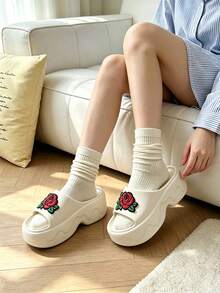 Women's Rose Embroidered Platform Slippers, EVA Platform Slides, Open-Toe Comfort Sandals, Y2K Style Indoor & Outdoor Dual-Use Footwear - White - View 3
