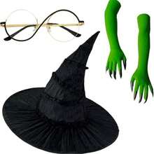 Halloween Evil Witch Costume Set, Witch Hat, Witch Glasses, Witch Gloves 3 Pieces Set - Monochrome - View 5