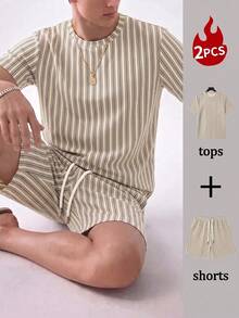 Set Kasual Pria: Kaos Lengan Pendek Kerah Bulat dan Celana Pendek Tali Serut - Light Grey - View 6