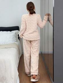 Dreamivo 2pcs/Set Women's Winter Bear Pattern Embroidered Thick Long Sleeve Long Pants Fleece Pajama Set - Apricot - View 2