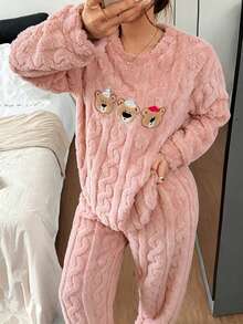 Dreamivo 2pcs/Set Women's Winter Cute Bear Pattern Embroidered Thick Long Sleeve Long Pants Fleece Pajama Set - Coral Pink - View 4