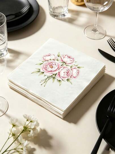 40/20/1pc Disposable Square Napkins, Clear Watercolor Print With Layered Green Leaves, Tender Flower Buds & Wispy Reed Grass, Soft Disposable Tableware, Suitable For Oriental Themed Banquet, Bridal Brunch