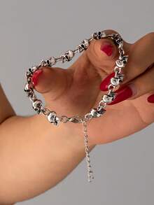 1pc Gothic Punk Skull Chain Bracelet, Halloween Jewelry Decoration - Antique Silver - View 2