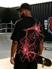 Men's Plus Size Punk Spider Web Print T-Shirt, Dark Style, Streetwear Casual - Black - View 3