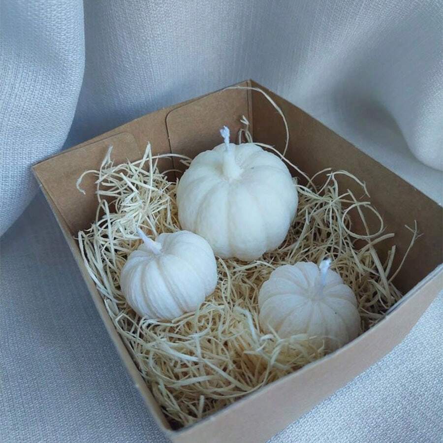 3 Stücke/Set Große, mittlere, kleine Kürbis-förmige Silikon-Kerzenformen - DIY handgemachte Gieß-Kürbis-Duftkerzenformen, Halloween-Party-Dekoration, Heimdekoration, Kunstgeschenk Gips-Ornament Harz-Formen - Weiß - Übersicht 1