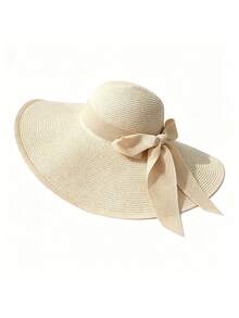 1 Stück Damen einfarbiger lässiger eleganter bohemischer Strohhut, runder Sonnenhut, geeignet für Urlaub, Strand, alle Jahreszeiten Mode, vielseitig für den Alltag (Wenn der Hut Falten hat, bitte mit einem Bügeleisen glätten, dann wird er wiederhergestellt) - Milchig weiß - Übersicht 10