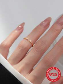 1pc S925 Sterling Silver Minimalist Plain Band Open Ring With Rhinestones, Korean Ins Cold Style, Fashionable Unique Niche Design, Adjustable Line Joint Ring, Sweet Fresh Versatile Elegant, Stackable Delicate Small Index Finger Ring, Pinky Ring - Diamond - View 4