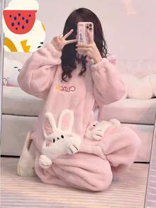 Coral Velvet Onesies Women Cute Rabbit Kigurumi Unicorn Preppy Cartoon Hooded Kawaii Thicker Winter Warm Cotton Pajamas Homewear - Multicolor - View 7