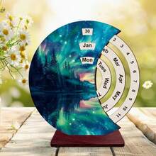 1pc Wooden Manual Rotating Calendar Ornament, Vibrant Aurora Landscape Art Desk Calendar, Fashion 2D Flat Decoration, Suitable For Home, Office, Bedroom, Commemorative Gift For Classmates And Friends - Colorful Aurora - View 4