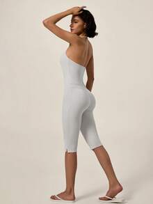 TimeOff Jumpsuit Wanita Satu Potong Warna Polos Model U-Neck Halter Tanpa Punggung dengan Tali Bahu yang Dapat Diatur dan Belahan Samping, Model Atletik Panjang Sedang - Grey - View 9