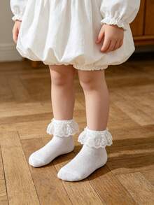 5 Pairs Girls' Sweet Cute Lace Trim White Ankle Socks, Mesh Breathable Spring/Autumn Style Student Socks, Suitable For Daily Wear And Back To School Season - White - View 3