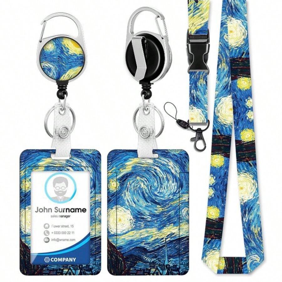 1 Set Retractable Badge Holder With Detachable Lanyard, Nurse Teacher Office Gift ID Card Holder Keychain Vertical Badge Protector, Fashion Name Tag Holder, With Heavy Duty Badge Reel (Night Sky) - Blue - View 1