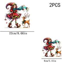 1/2/3pcs Watercolor Christmas Elf Girl Heat Transfer Sticker, Rainbow Striped Pointed Hat, Red-Green Gradient Christmas Dress, Colorful Striped Long Socks With Rolled Edge Boots, Paired With Tassel Long Scarf, Hanging Reindeer, Little Bird, Vintage Fairy Tale Style Christmas DIY Print, Suitable For T-Shirts, Sweatshirts, Canvas Bags - Multicolor - View 8