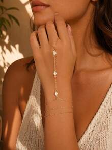 3 piezas/Set Pulsera de cadena de dedo minimalista delgada multicapa con strass, joyería de mano exquisita apilable de tono dorado para mujeres, adecuada para uso diario, citas y vacaciones - Multicolor - Ver 1