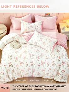 Blissful 3件組翡翠綠花卉被套組，清新舒適床上用品，1件被套 + 2件枕套，親膚 100% 聚酯纖維面料，無填充，適合四季使用，適用於臥室與宿舍（男孩與女孩宿舍床上用品）或旅行 - 西瓜粉 - 查看 4