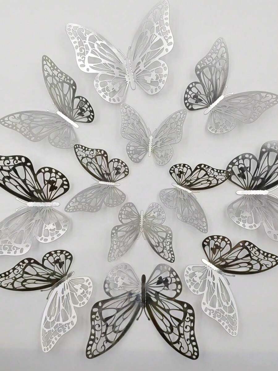 12件/組鏤空金屬質感3D蝴蝶牆貼,鏤空雕花設計,輕奢溫柔高端軟裝,適用於居家牆面:臥室床頭、客廳空白牆、玄關、梳妝台背景,營造溫柔氛圍;軟裝打卡適用:服飾店、美甲店、婚紗店、網紅拍照背景牆;節慶裝飾:婚禮、生日派對 - A - 查看 1