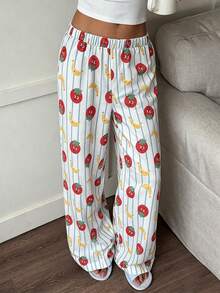 Women's Long Pajama Pants, Elastic Waist, Vertical Striped Tomato & Banana Cartoon Print, Loose Straight Leg Lounge Pants - Multicolor - View 2