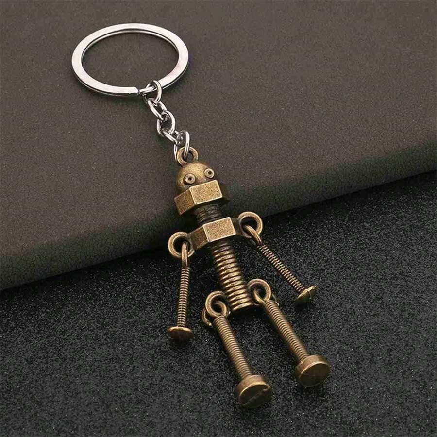 Vintage Mechanical Screw Robot Keychain Creative Movable Joint Steampunk Robot Car Key Holder For Men Backpack Pendants - A - View 1