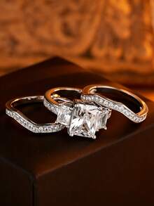 1pc Exquisite V-Shaped 4-Prong Rectangular Geometric Couple Ring For Women, Suitable For Valentine's Day, Engagement Gift, Party Jewelry - White - View 4