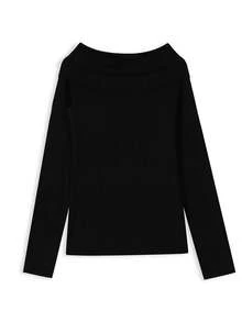 Women's Fashion Pullover Sweater Long Sleeve High Elastic Fabric Top - Black - View 8