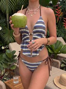 2er Set sexy gestreifter Bikini - Perlen-Camisole-Top und hochgeschnittene Hose, geeignet für Strand- und Pool-Urlaub im Sommer - Verschiedenfarbig - Übersicht 2