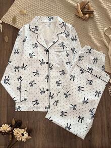 Women's Small Butterfly Polka Dot Print Front Button Pajama Set, Contrast Trim Lapel Long Sleeve Long Pants Loungewear 2 Pieces Set - Multicolor - View 3