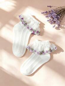 1 Pair Girls/Infant White Lace Socks, Purple Embroidered Lace Mesh Breathable Fashion Princess Socks, Floral Vine Decor Lace, Soft Comfortable Short Socks, Suitable For Infant Daily Wear/Holiday Gift/Valentine's Day Outfit/Wedding Season Outfit - White - View 10