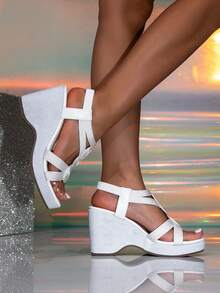 Women's Elegant White Braided Wedge Sandals, Open Toe Braided Elastic Back Strap Design, Suitable For Weddings, Parties, Commuting, Office, Summer Daily Wear - White - View 4