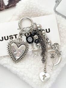 1pc,Y2K Gothic Heart Bag Charm Keychain Cross Pendant Korean Punk Purse Charm Metal Beaded Bag Accessory For Women - Multicolor - View 2