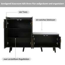 Modern Shoe Bench With Wood Grain, Storage Cabinet, Four Storage Doors, Asymmetric Metal Handles, - 黑胡桃木 - 查看 10