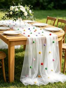 1/2pcs Cute Party Tablecloth With 3D Velvet Pom Poms, Colorful Polka Dot Sequin Tulle Table Runner, Macaron Color Mesh Gauze Rainbow Restaurant Decor, Suitable For Birthday Wedding Home Party - Multicolor - View 2