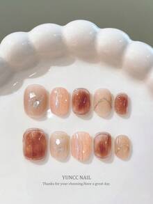 10Pcs Handmade Short Square Press On Nails, Soft Nude Brown Gradient Blush Design With Iridescent Shell Glitter & Thin Silver Line Detail, Minimalist Elegant Reusable Fake Nails For Daily Office Dating - 彩色 - 查看 2