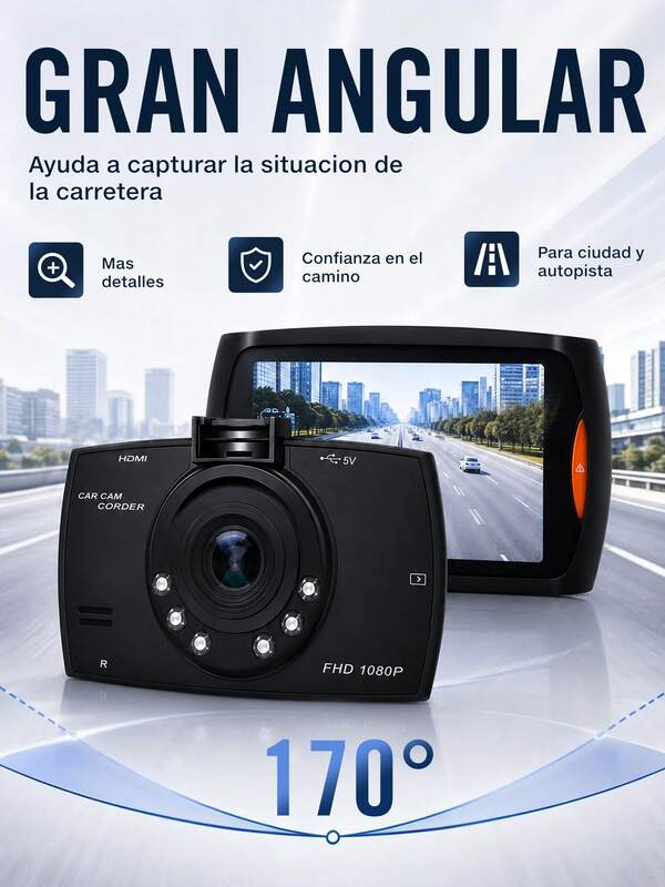 La cámara del vehículo cuenta con una pantalla LCD TFT de 2,2 pulgadas con resolución HD de 1080P, admite varios idiomas y tiene hasta 32 GB de memoria expandible.